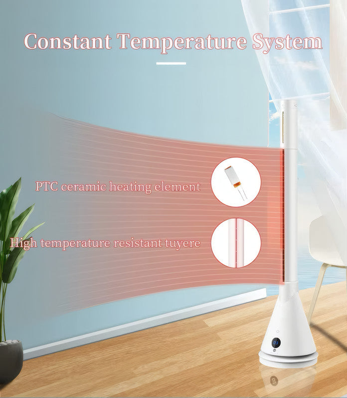 Bladeless Heater and Cooling Fan with UVC Sterilization, Smart Temperature Control, Touch Display, and WiFi Voice Control in White