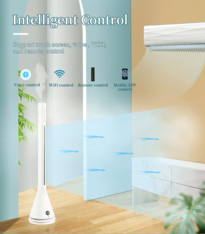 Bladeless Heater and Cooling Fan with UVC Sterilization, Smart Temperature Control, Touch Display, and WiFi Voice Control in White