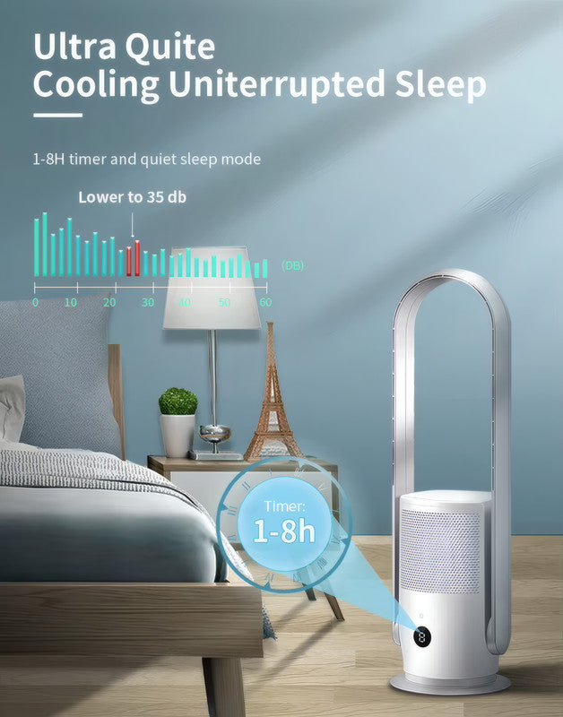 Bladeless Tower Fan with HEPA Air Purifier, WiFi & Voice Control, 9 Speeds, Touch Digital Display, Timer, and DC Motor