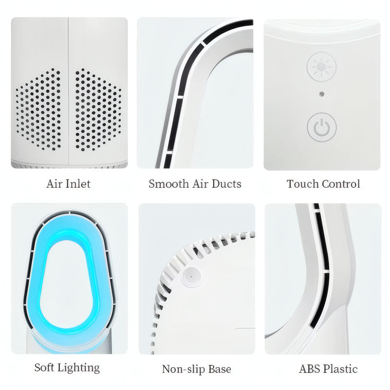 Bladeless Table Fan with Touch Control, 3 Speeds, and LED Light, USB Powered, Portable Design