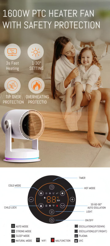 Bladeless Air Circulator Fan with Heater and HEPA Filter, 9 Cooling Speeds, 4 Heating Levels, and Oscillation