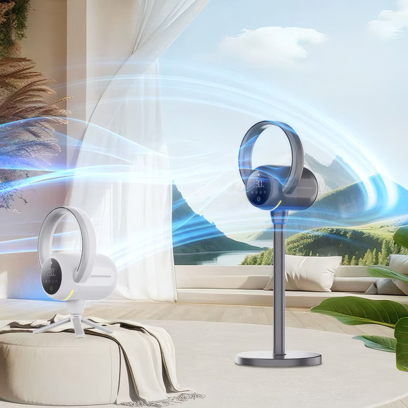 2-in-1 Tripod Pedestal & Table Bladeless Fan with Heater, HEPA Air Purifier, Smart Control, and Mood Light