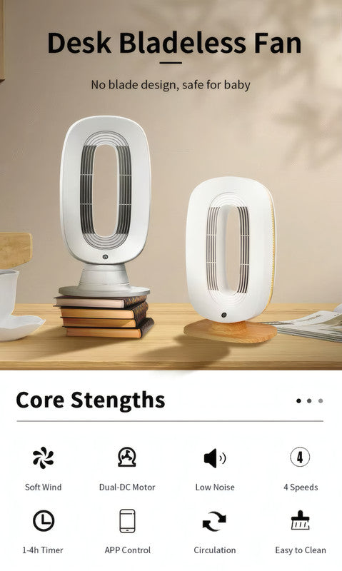 Bladeless Table Fan with Touch Control, 4-Speed, and 1–4H Timer