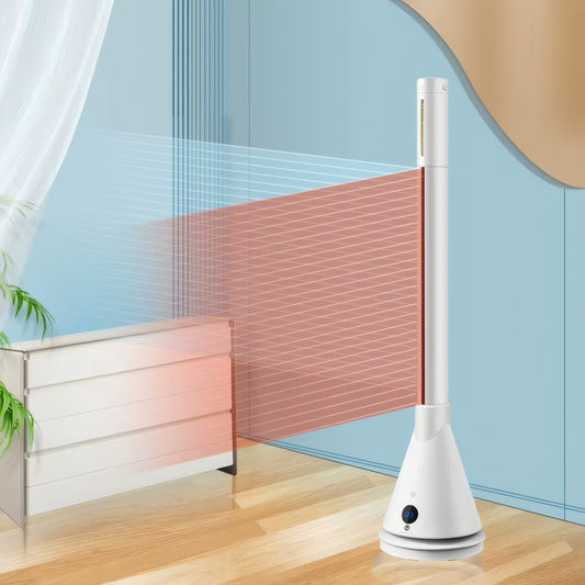 Bladeless Heater and Cooling Fan with UVC Sterilization, Smart Temperature Control, Touch Display, and WiFi Voice Control in White