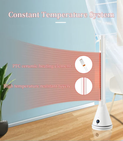 Bladeless Heater and Cooling Fan with UVC Sterilization, Smart Temperature Control, Touch Display, and WiFi Voice Control in White