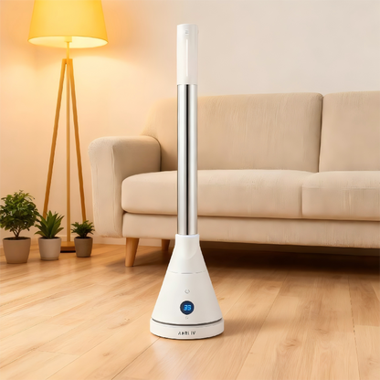 Bladeless Heater and Cooling Fan with UVC Sterilization, Smart Temperature Control, Touch Display, and WiFi Voice Control in White