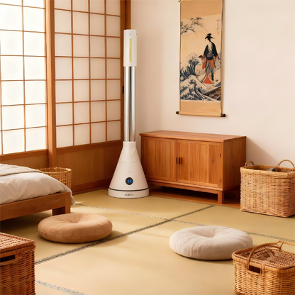 Bladeless Heater and Cooling Fan with UVC Sterilization, Smart Temperature Control, Touch Display, and WiFi Voice Control in White