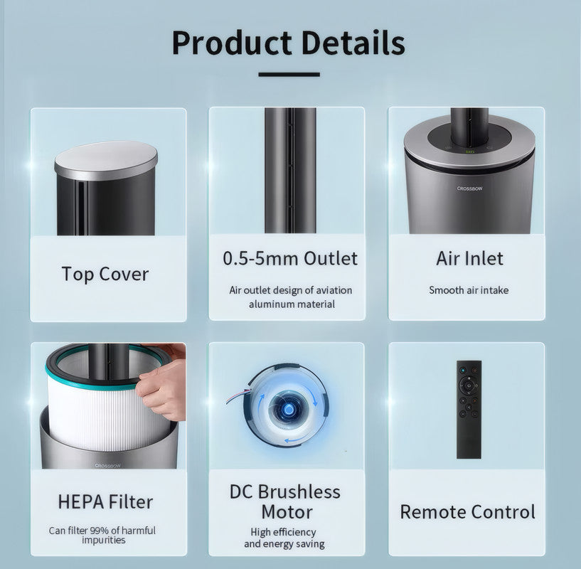 3-in-1 Bladeless Fan with Heater, HEPA Air Purifier, Touch & Smart Control