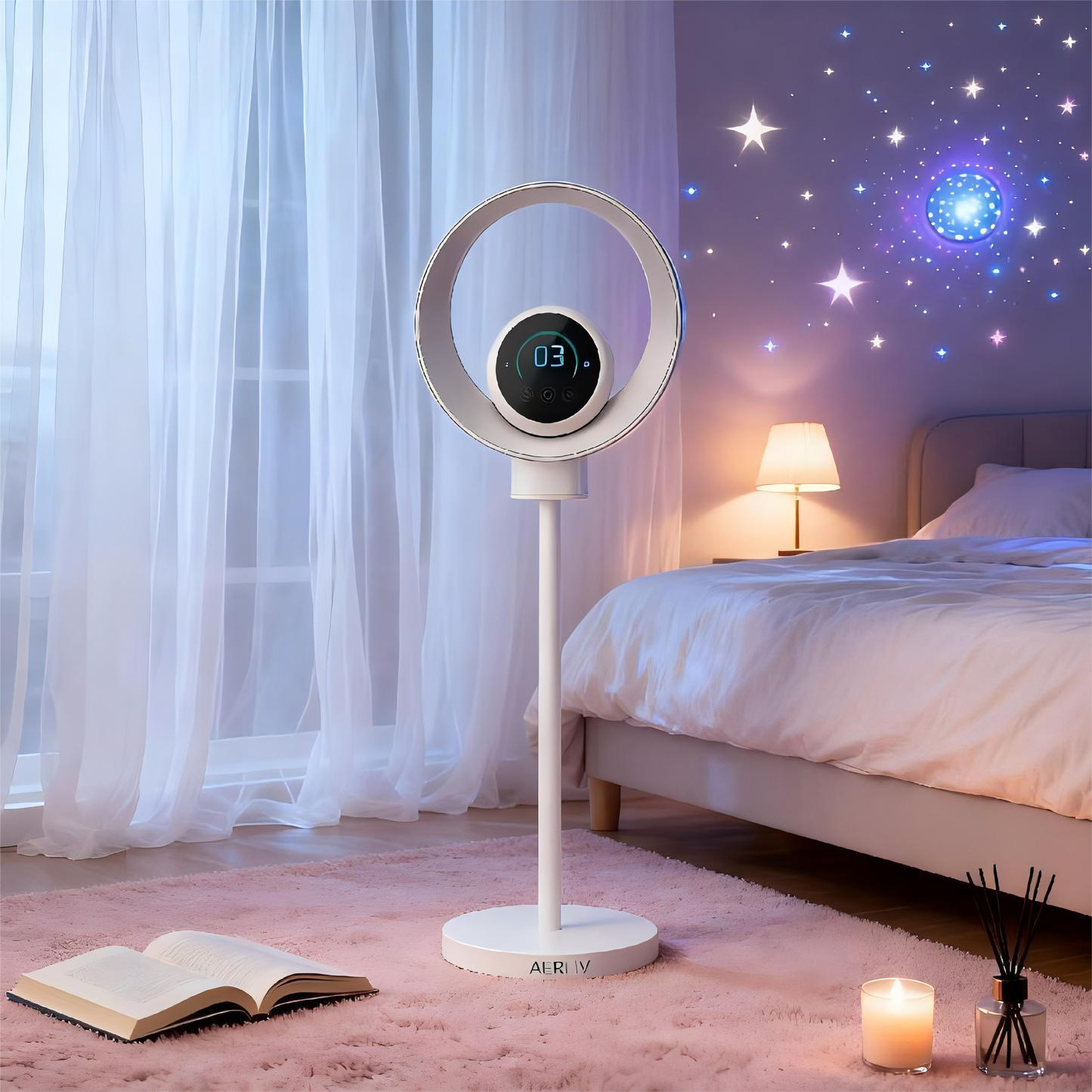 Floating Bladeless Air Purifier Fan with PM2.5 Display, HEPA + UV + Plasma, Pedestal Base, Smart & Voice Control