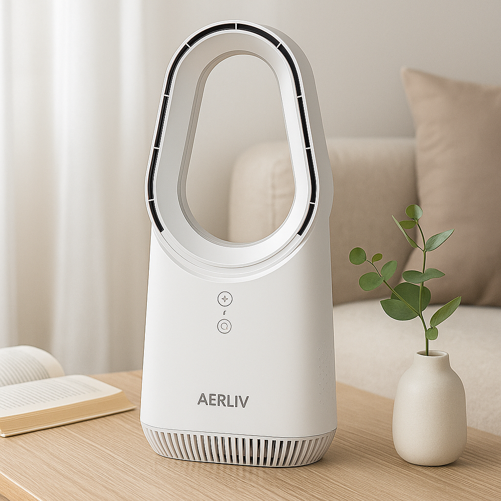 Bladeless Table Fan with Touch Control, 3 Speeds, and LED Light, USB Powered, Portable Design