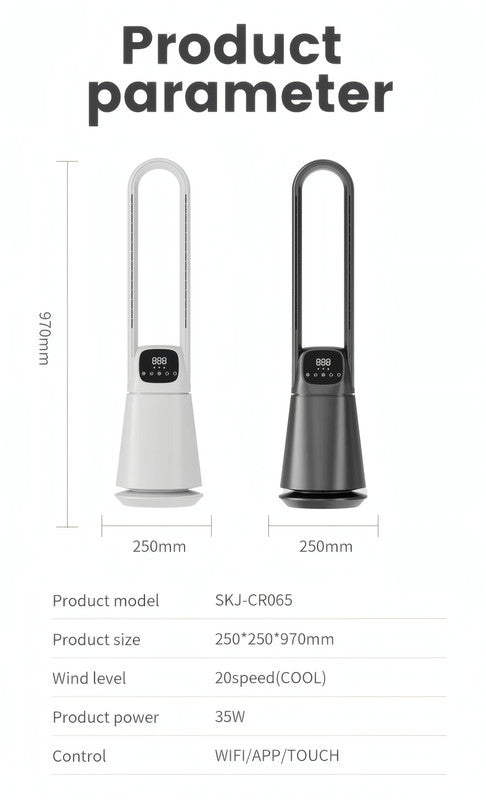 Bladeless Cooling Fan with Digital Display, Remote Control, 9-Speed DC Motor, and 8-Hour Timer