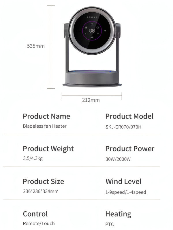 Bladeless Air Circulator Fan with Heater and HEPA Filter, 9 Cooling Speeds, 4 Heating Levels, and Oscillation