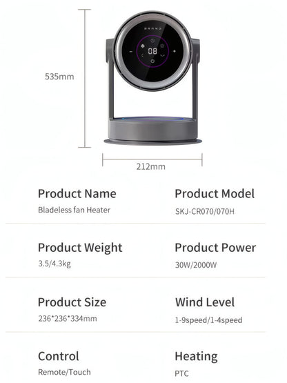 Bladeless Air Circulator Fan with Heater and HEPA Filter, 9 Cooling Speeds, 4 Heating Levels, and Oscillation